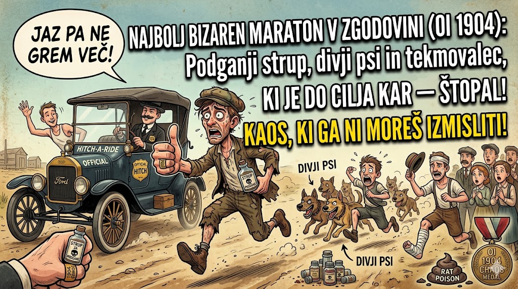 Najbolj bizaren maraton v zgodovini (OI 1904): Podganji strup, divji psi in tekmovalec,&hellip;